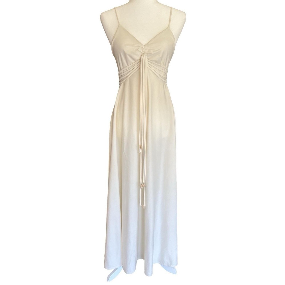 VTG 70s Ivory Boho Fairy Empire Waist Strappy Goddess Maxi Dress Union-Made USA
